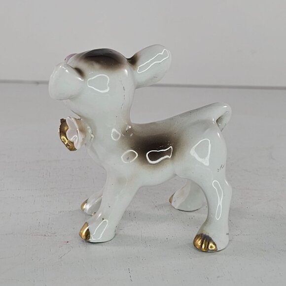 Vintage Ceramic Calf Baby Cow Figurine Flower Bell Collar Anthropomorphic *FLAW - Picture 4 of 8